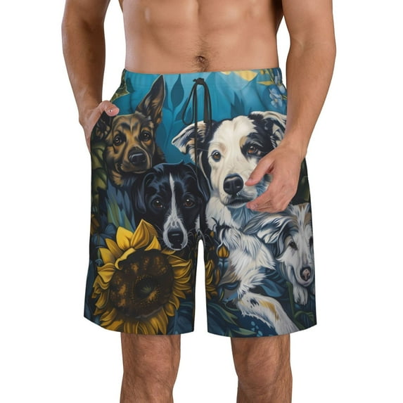 Logiee Sunset Sunflower Dog Print Mens Swim Trunks Quick Dry Board Shorts,Breathable Hawaii Beach Shorts Swimwear Bathing Suits-XX-Large