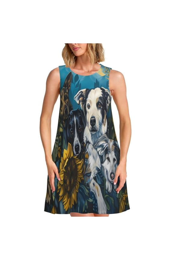 Sunset Sunflower Dog Print Summer Dresses for Women,Beach Sleeveless Flowy Pocket Tshirt Tank Sundresses,Women's Sleeveless Dress