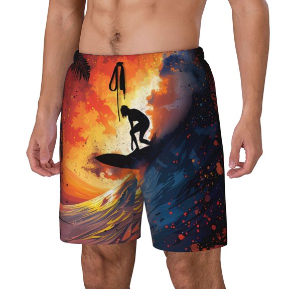 Logiee Sunset Surfing Silhouette Print Men's Swim Trunk,Quick Dry Board Shorts ,Men's Swim Trunks with Compression Liner, Bathing Suits with Pockets-Small