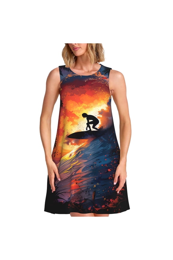 Sunset Surfing Silhouette Print Summer Dresses for Women,Beach Sleeveless Flowy Pocket Tshirt Tank Sundresses,Women's Sleeveless Dress