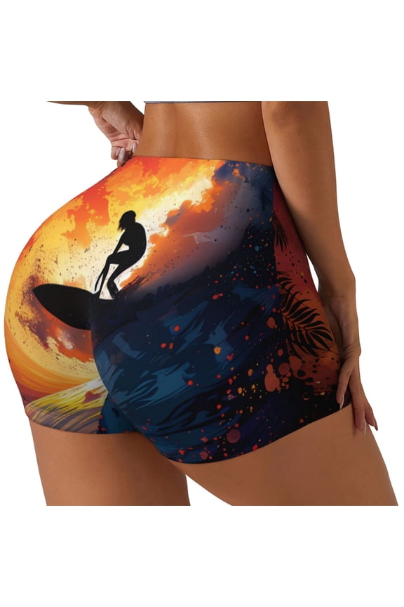 Sunset Surfing Silhouette Print Women's Biker Shorts,Workout Gym Shorts,Scrunch Shorts,Tummy Control Hidden Scrunch Running Yoga Shorts-Large