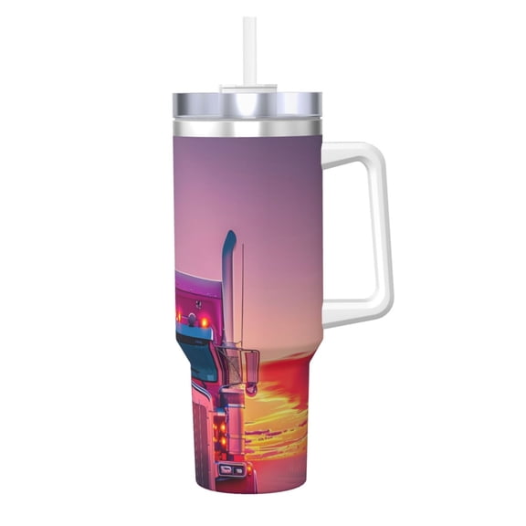 Logiee Sunset Truck Highway Print 40OZ Ice Bully Cup with Handle and Straw, Double Wall Stainless Steel Tumbler,Travel Coffee Cup with Lid, Summer Insulation and Cooling Cup