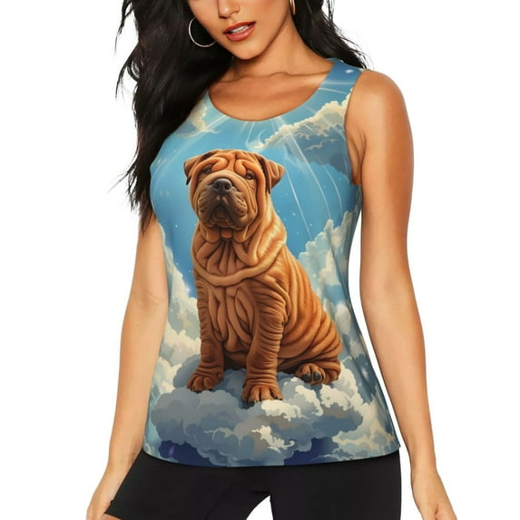Logiee Sunshine Cloud Bulldog Print Women's Workout Tank Top, Dry Fit Summer Tank Top,Gym Yoga Workout Sports Tee,Sleeveless Athletic Shirts-XX-Large