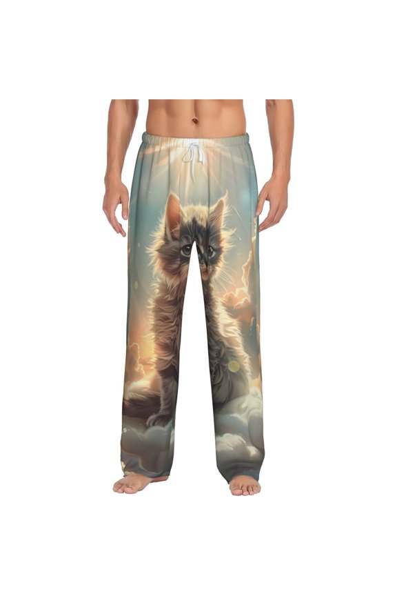 Sunshine Cloud Kitten Print Pajama Pants for Men,Men’s Pajama Bottoms,Mens PJ Pants with Pockets & Button Fly-3X-Large