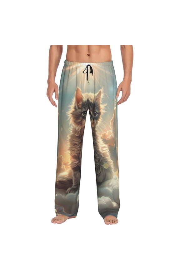 Sunshine Cloud Kitten Print Pajama Pants for Men,Men’s Pajama Bottoms,Mens PJ Pants with Pockets & Button Fly-X-Large