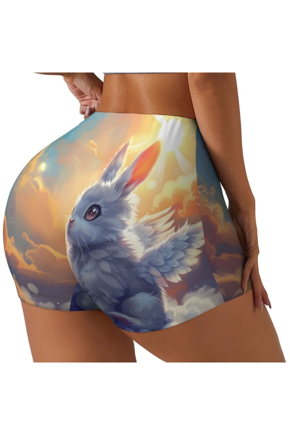 Sunshine Colorful Cloud Rabbit Print Women's Biker Shorts,Workout Gym Shorts,Scrunch Shorts,Tummy Control Hidden Scrunch Running Yoga Shorts-Medium