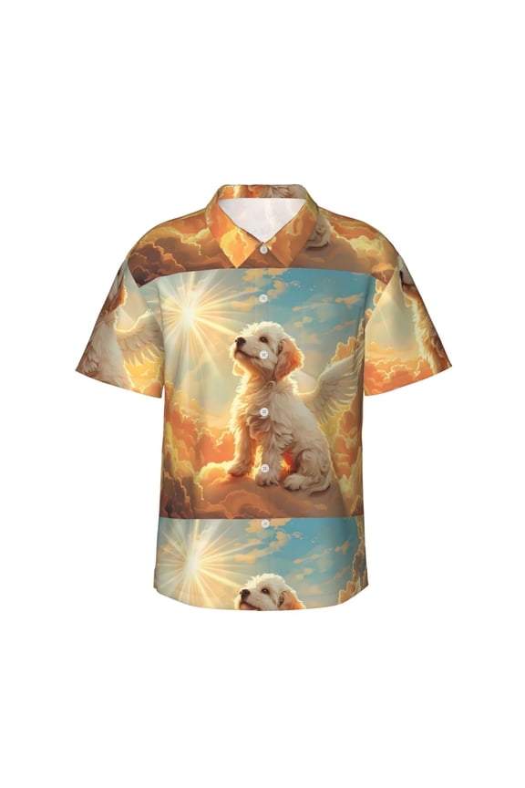 Sunshine Golden Cloud Dog Print Mens Hawaiian Shirts,Loose-Fit Short Sleeve Button Down Tropical Aloha Beach Shirt,Summer Vacation Wedding Tops,X-Large