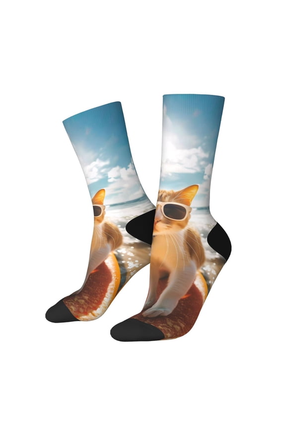 Surfing Cat Sun Print Adult Socks for Men & Women,Calf Socks, Ankle Socks,Boots Socks,Breathable Casual Sock,Unisex Crew Socks