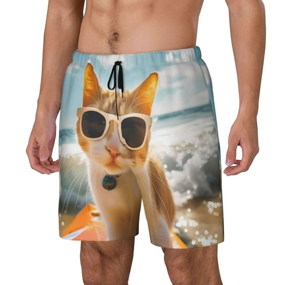 Logiee Surfing Cat Sun Print Men's Swim Trunk,Quick Dry Board Shorts ,Men's Swim Trunks with Compression Liner, Bathing Suits with Pockets-Small