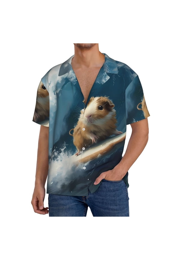 Surfing Guinea Pig Print Men's Button Down Shirts Short Sleeve, Summer Beach Shirts,Vacation Wedding Shirts,Men's Casual Button-Down Shirts with Pocket-Medium
