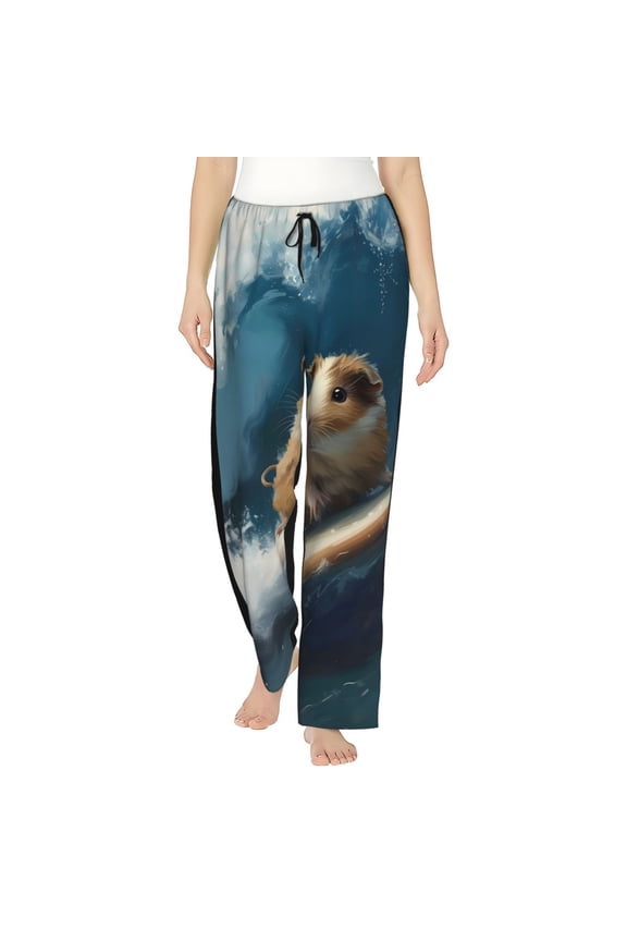 Surfing Guinea Pig Print Women Pajama Pants,Comfy Pj Bottom with Pockets & Drawstring,Stretch Casual Sleepwear-Large