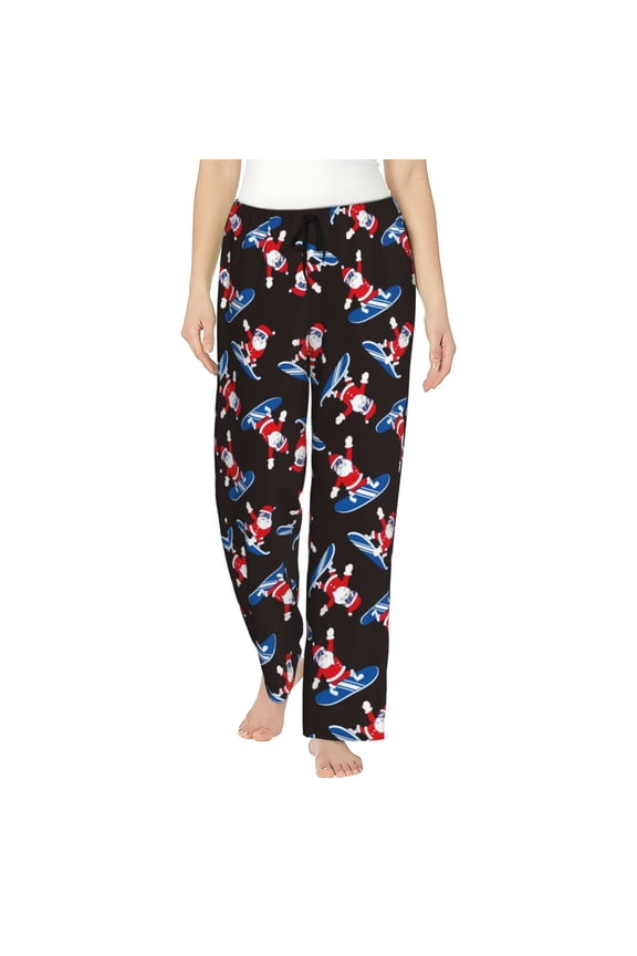Surfing Santa Print Women Pajama Pants,Comfy Pj Bottom with Pockets & Drawstring,Stretch Casual Sleepwear-Medium
