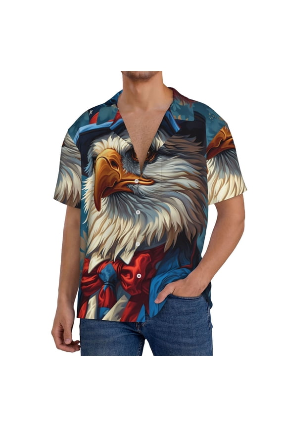 Surreal Bald Eagle Gentleman Print Men's Button Down Shirts Short Sleeve, Summer Beach Shirts,Vacation Wedding Shirts,Men's Casual Button-Down Shirts with Pocket-XX-Large