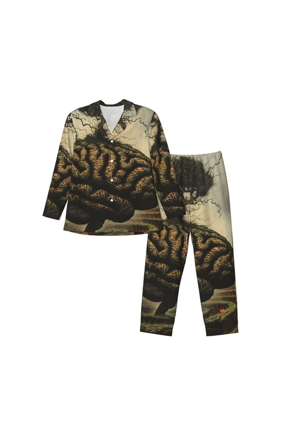 Surreal Brain Tree Print Mens Long Sleeve Pajama Set,Notched Collar Pajamas for Men, Men's Sleepwear,Mens Sleepwear with Pockets & Button Down-Large