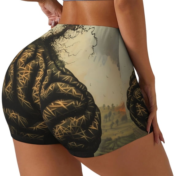 Logiee Surreal Brain Tree Print Women's Biker Shorts,Workout Gym Shorts,Scrunch Shorts,Tummy Control Hidden Scrunch Running Yoga Shorts-Medium