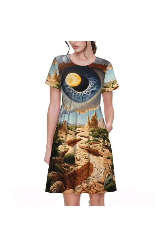 Surreal Desert Eye Landscape Print Womens Summer Dress,Casual Short Sleeve Sundresses,Beach A-line Shift Dress with Pockets