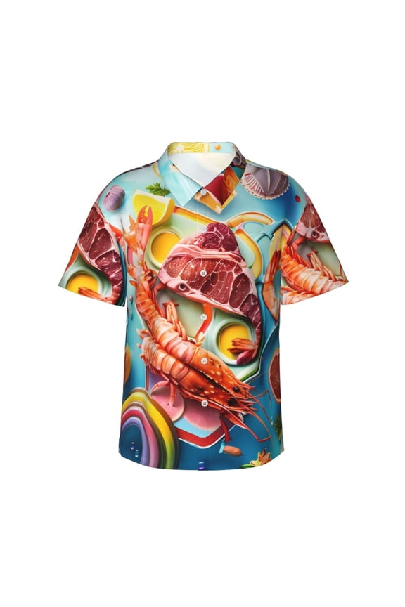 Surreal Seafood Extravaganza Print Mens Hawaiian Shirts,Loose-Fit Short Sleeve Button Down Tropical Aloha Beach Shirt,Summer Vacation Wedding Tops,Small