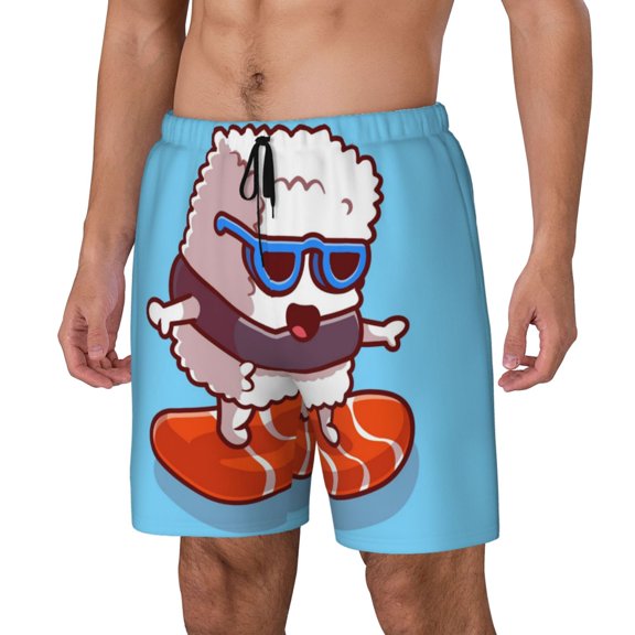 Logiee Sushi Salmon Surfing Print Men's Swim Trunk,Quick Dry Board Shorts ,Men's Swim Trunks with Compression Liner, Bathing Suits with Pockets-XX-Large
