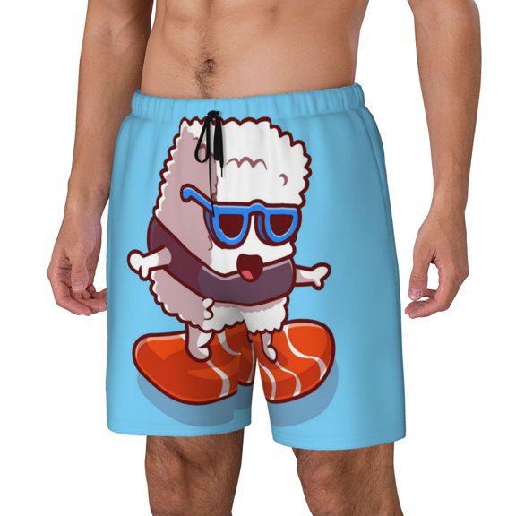 Logiee Sushi Salmon Surfing Print Men's Swim Trunk,Quick Dry Board Shorts ,Men's Swim Trunks with Compression Liner, Bathing Suits with Pockets-Small