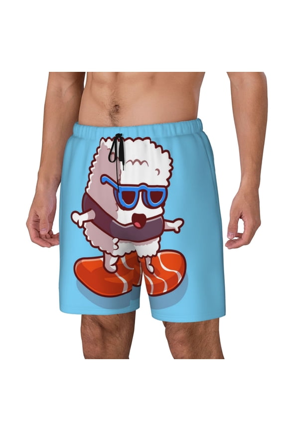 Sushi Salmon Surfing Print Men's Swim Trunk,Quick Dry Board Shorts ,Men's Swim Trunks with Compression Liner, Bathing Suits with Pockets-Small