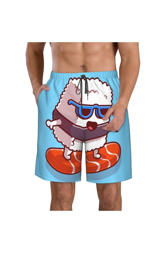 Sushi Salmon Surfing Print Mens Swim Trunks Quick Dry Board Shorts,Breathable Hawaii Beach Shorts Swimwear Bathing Suits-Medium