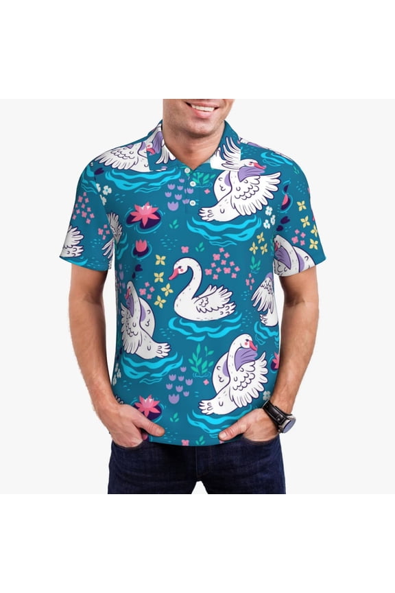 Swan On The Pond Print Mens Polo Shirts,Mens Golf Polo Shirts,Short Sleeve Casual Polo Shirts for Men,Summer Fashion Beach Shirts-XX-Large