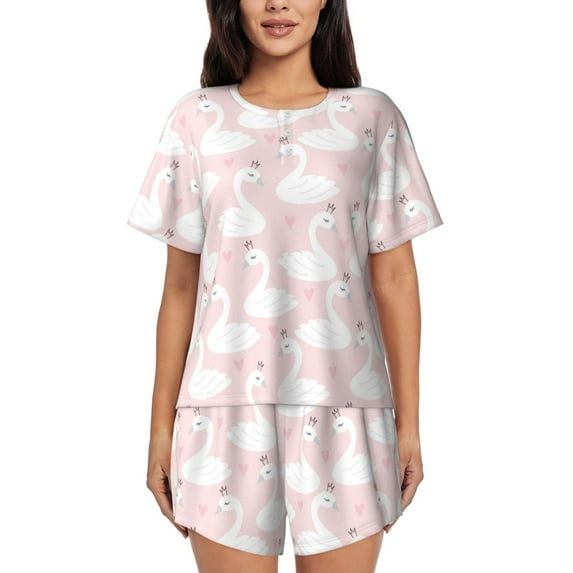 Logiee Swan1 Print Womens Pajamas Set,Short-Sleeve Pajama 2 Piece Sleepwear with Pockets-Large