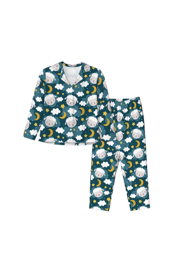 Sweet Dream Lamb Print Womens Pajamas Set,Long Sleeve Sleepwear,Button Down Lounge Set 2 Pieces,Soft Nightwear Pjs Set-X-Large