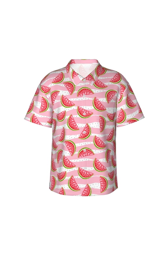 Sweet Watermelon Print Mens Hawaiian Shirts,Loose-Fit Short Sleeve Button Down Tropical Aloha Beach Shirt,Summer Vacation Wedding Tops,Large