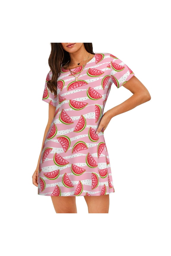 Sweet Watermelon Print Nightgowns for Women,Soft Short-Sleeved Lightweight Sleepwear, Loose Sleepshirts