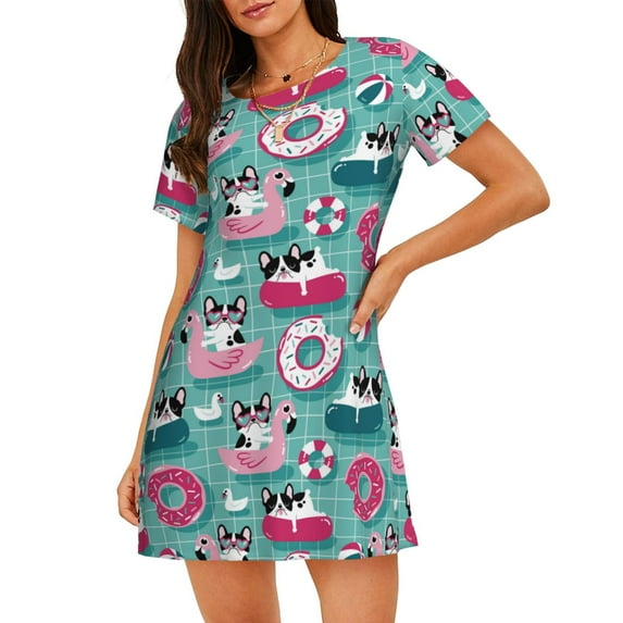Logiee Swimming Bulldog Print Nightgowns for Women,Soft Short-Sleeved Lightweight Sleepwear, Loose Sleepshirts