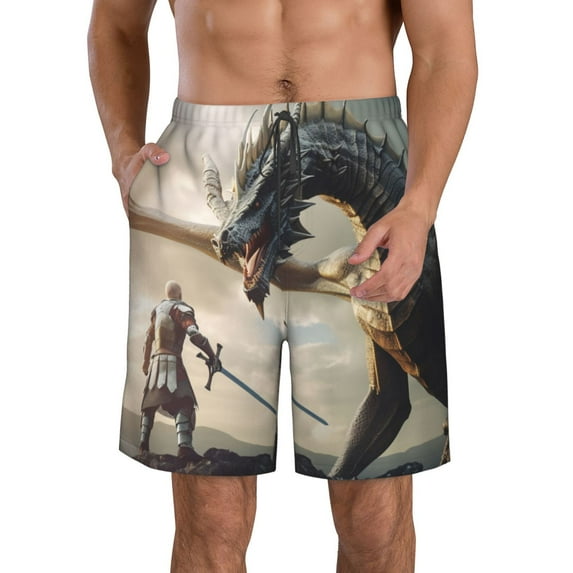 Logiee Swordsman Cool Dragon Print Mens Swim Trunks Quick Dry Board Shorts,Breathable Hawaii Beach Shorts Swimwear Bathing Suits-Small
