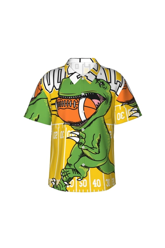 T-Rex Playing Football Print Mens Hawaiian Shirts,Loose-Fit Short Sleeve Button Down Tropical Aloha Beach Shirt,Summer Vacation Wedding Tops,Small