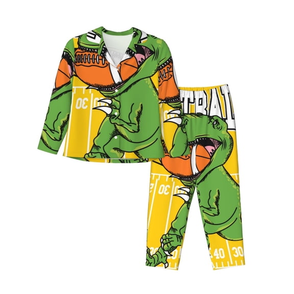 Logiee T-Rex Playing Football Print Womens Pajamas Set,Long Sleeve Sleepwear,Button Down Lounge Set 2 Pieces,Soft Nightwear Pjs Set-Large