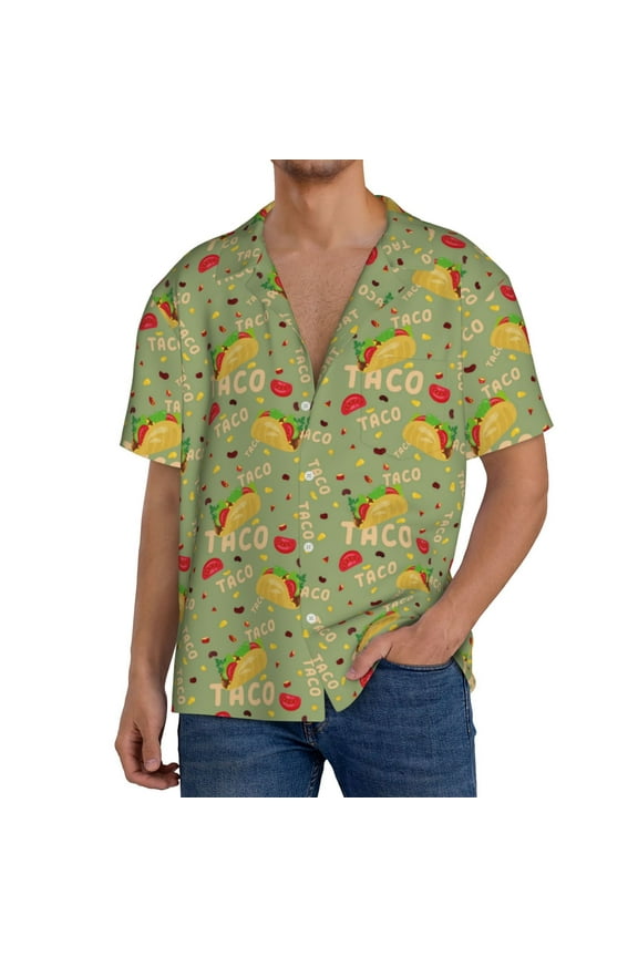 Taco Print Men's Button Down Shirts Short Sleeve, Summer Beach Shirts,Vacation Wedding Shirts,Men's Casual Button-Down Shirts with Pocket-Large