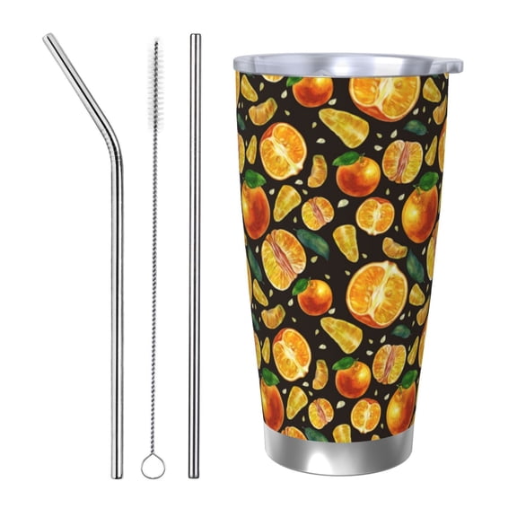 Logiee Tangerine Print 20OZ Car Cup with Lid, Stainless Steel Vacuum Insulated Double Wall Travel Tumbler, Durable Insulated Coffee Mug,Thermal Cup with Straw-Straw Three-piece Set