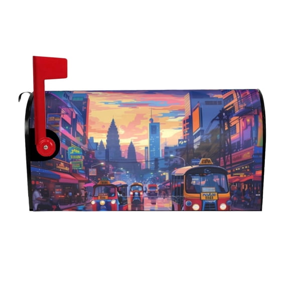 Logiee Taxi Colorful Town Print Post Letter Box Wrap Decor, Mailbox Cover Suitable for Standard Mailbox and Large Size Mailbox,Outdoor Yard Decoration-21x18 in