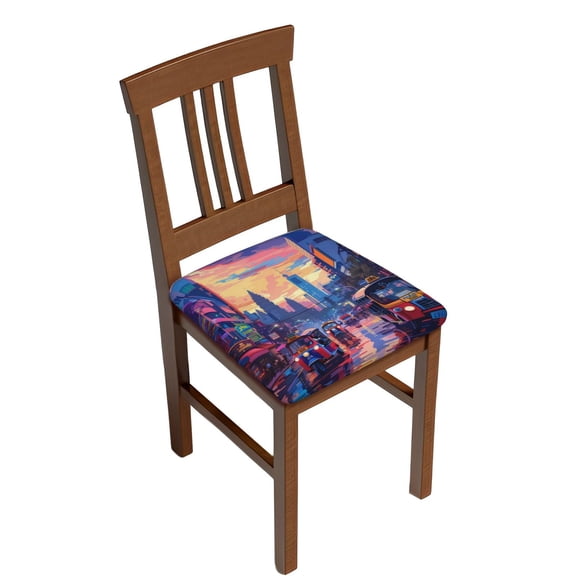 Logiee Taxi Colorful Town Print Square Chair Seat Covers, Stretch Chair Seat Covers,Seat Chair Slipcover, Non-Slip Chair Slipcover,Furniture Protector for Indoor and Outdoor-Four Pieces