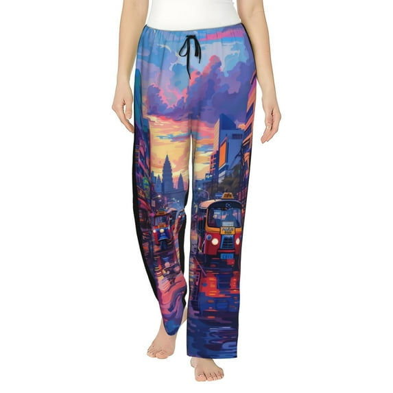 Logiee Taxi Colorful Town Print Women Pajama Pants,Comfy Pj Bottom with Pockets & Drawstring,Stretch Casual Sleepwear-Small