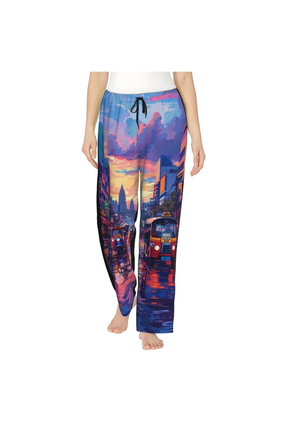 Taxi Colorful Town Print Women Pajama Pants,Comfy Pj Bottom with Pockets & Drawstring,Stretch Casual Sleepwear-Small