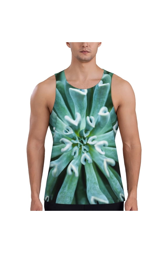 Teal Cactus Print Men's Workout Tank Top,Quick Dry Workout Tank Top,Gym Muscle Tee,Fitness Bodybuilding Sleeveless T Shirt-Medium