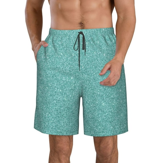Logiee Teal Green Glitter Print Mens Swim Trunks Quick Dry Board Shorts,Breathable Hawaii Beach Shorts Swimwear Bathing Suits-X-Large