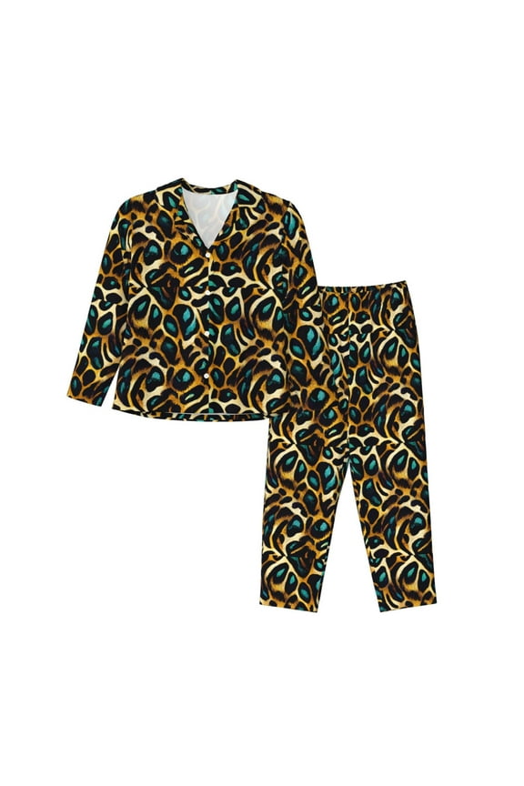 Teal Leopard Print Womens Pajamas Set,Long Sleeve Sleepwear,Button Down Lounge Set 2 Pieces,Soft Nightwear Pjs Set-Medium