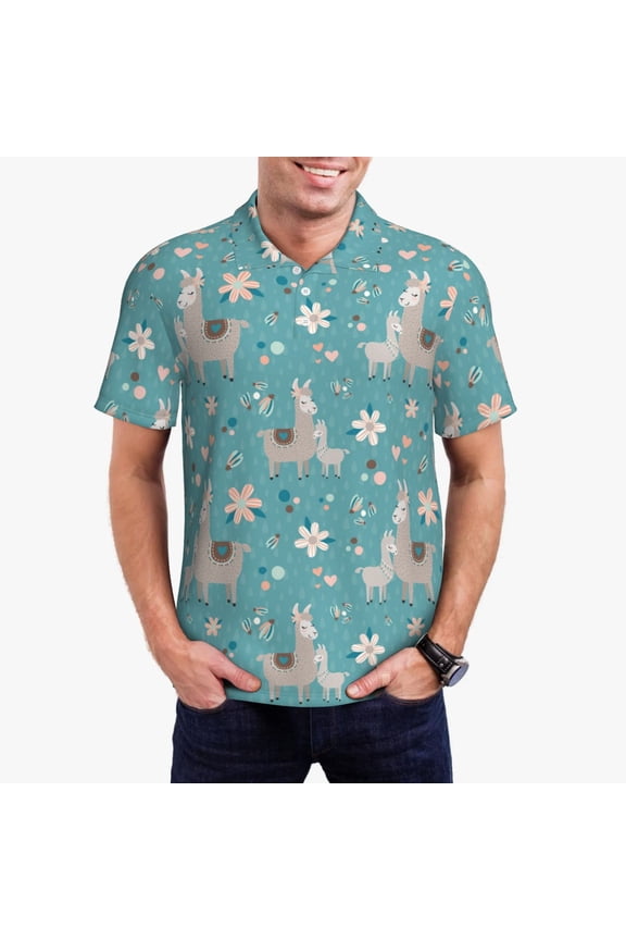 Teal Mama Llama Print Mens Polo Shirts,Mens Golf Polo Shirts,Short Sleeve Casual Polo Shirts for Men,Summer Fashion Beach Shirts-XX-Large