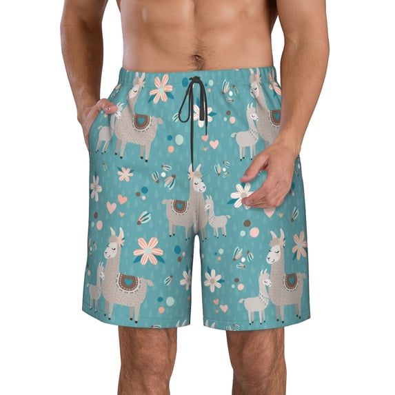 Logiee Teal Mama Llama Print Mens Swim Trunks Quick Dry Board Shorts,Breathable Hawaii Beach Shorts Swimwear Bathing Suits-Medium