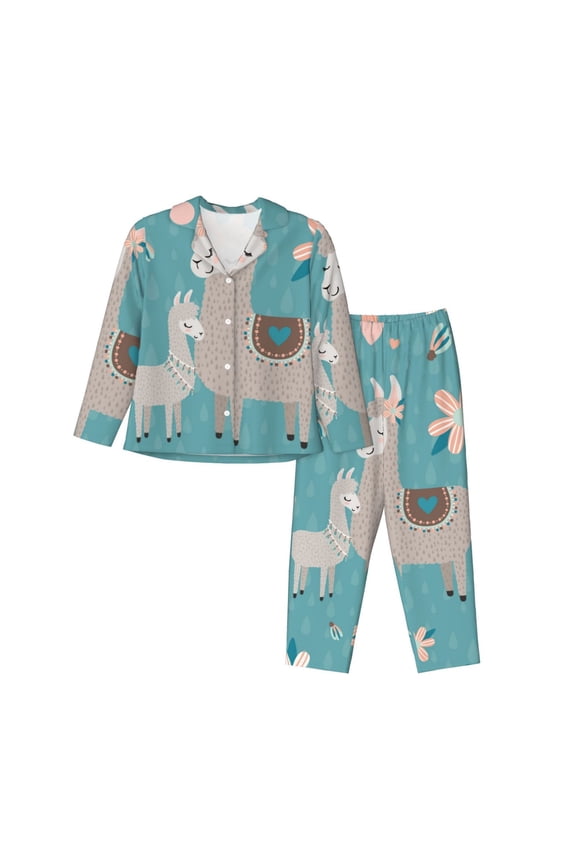 Teal Mama Llama Print Womens Pajamas Set,Long Sleeve Sleepwear,Button Down Lounge Set 2 Pieces,Soft Nightwear Pjs Set-XX-Large
