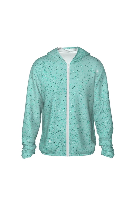 Teal Turquoise Glitter Print Men's Women Light Jacket Full Zip Sun Protection Hoodie Long Sleeve Sun Shirts for Men Hiking Fishing Zip Pockets-