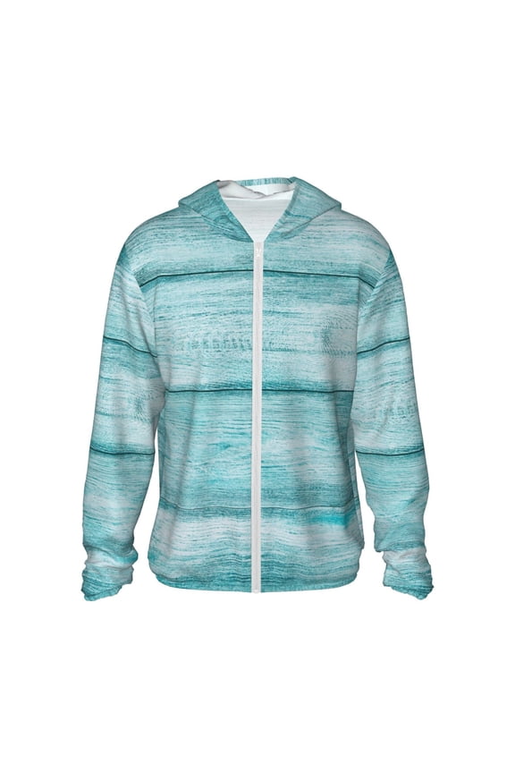 Teal Turquoise Wood Print Men's Women Light Jacket Full Zip Sun Protection Hoodie Long Sleeve Sun Shirts for Men Hiking Fishing Zip Pockets-Medium