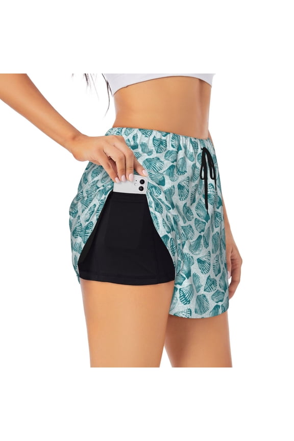 Teal turquoise shell Print Women 2 in 1 Running Shorts,High Waisted Athletic Shorts,Gym Workout Shorts with Liner Pockets-Medium