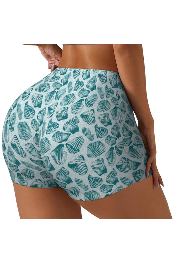 Teal turquoise shell Print Women's Biker Shorts,Workout Gym Shorts,Scrunch Shorts,Tummy Control Hidden Scrunch Running Yoga Shorts-X-Large